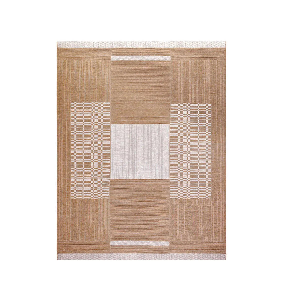 Guna Rug with interwoven yarns and textured geometric patterns in natural tones, handcrafted with artisan technique.